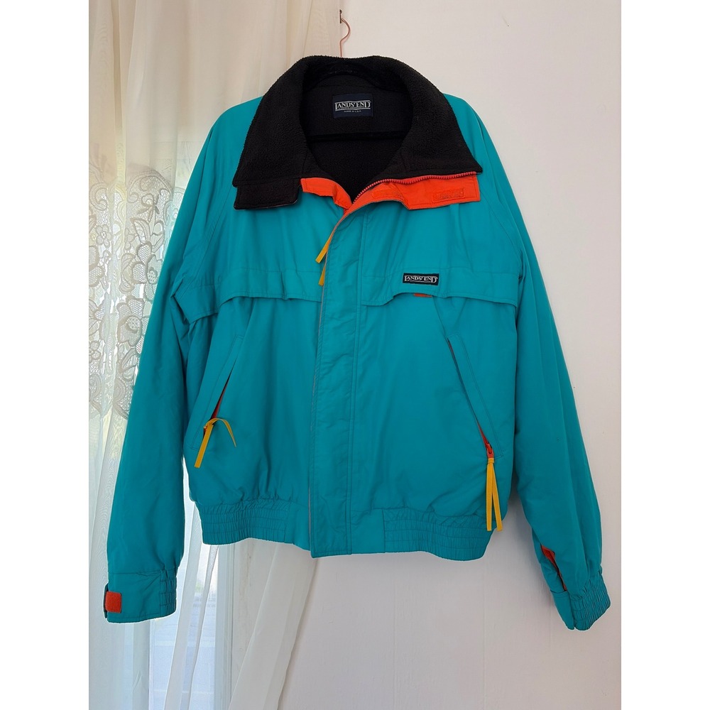 Lands End Jacket Mens XL Teal Vintage Ultrex Fleece Lined Bomber USA